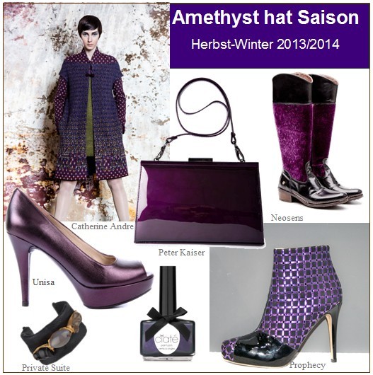 Amethyst ist die Extravaganz in Violett und entfaltet ihre umwerfende Wirkung auf schimmernden Materialien wie Lack, Velour,  Samt, Seide, Jacquards und Brokat erst so richtig. Kombiniert werden die neuen Ametyst-Töne mit  Schwarz, aber auch mit dunklem Rot, Gründ oder Gelb. Schuhe und Taschen in Lila-Violett-Tönen runden das Outfit  ab.<br />Foto: Lack-Pumps Violett Unisa / Lacktasche Lila Peter Kaiser / Stiefel Neosens / Stiefelette Schwarz-Violett Prophecy / Armband Privat Suite/ Nagellack Ciate